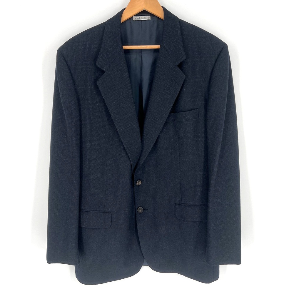Belvest Mens Sports Coat Sz 44 L Navy Blue Plaid Super 100s Worsted Wool Italy